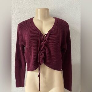 Forever 21 Burgundy Lace-Up V-Neck Sweater lace sexy long sleeve button